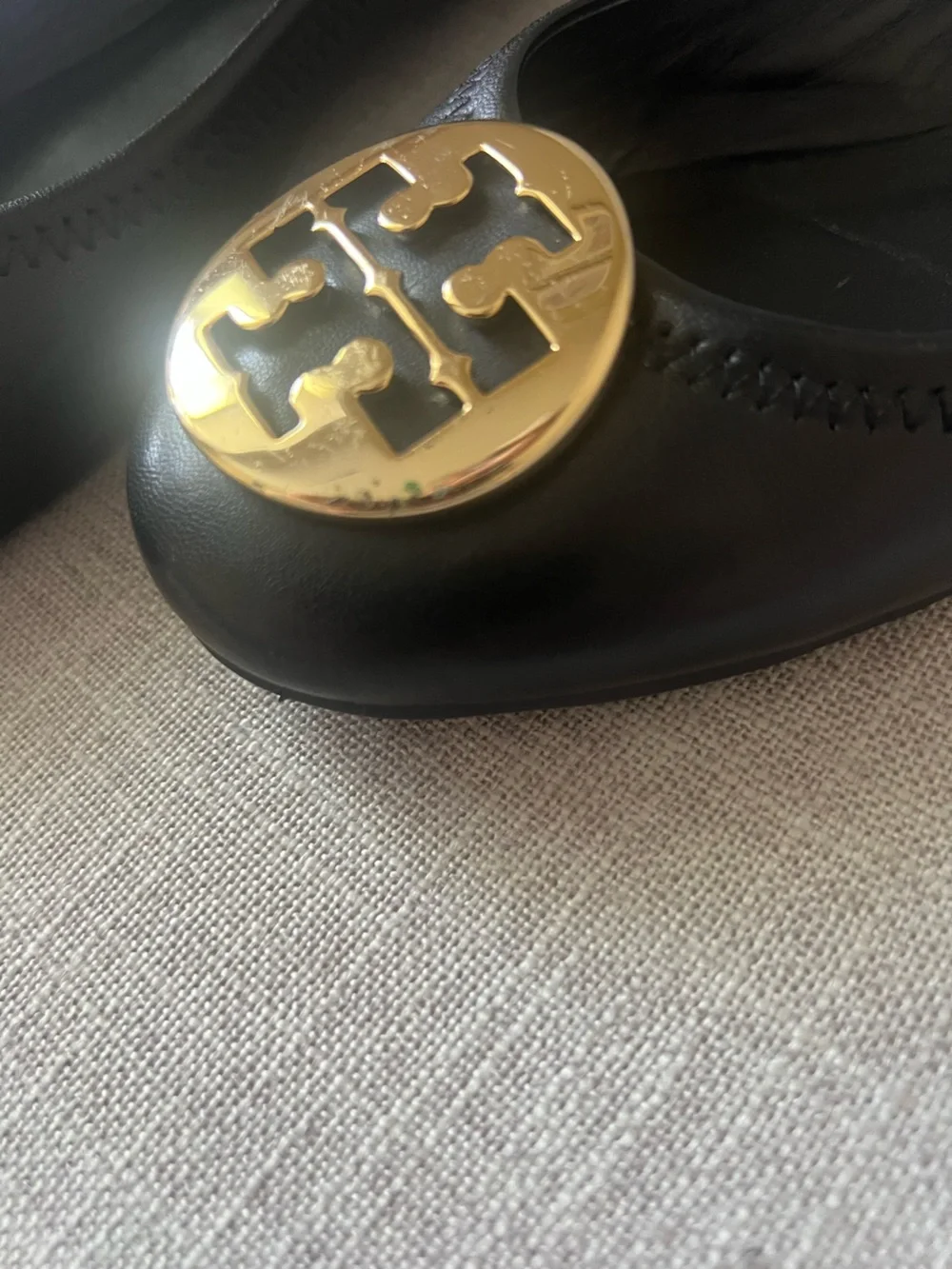 Tory Burch Black Reva Leather Ballet Flats Gold Logo, women’s size 7.5,